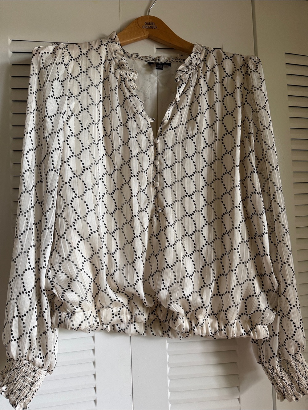 Tahari Cream Blouse with Black Dot Chain Print